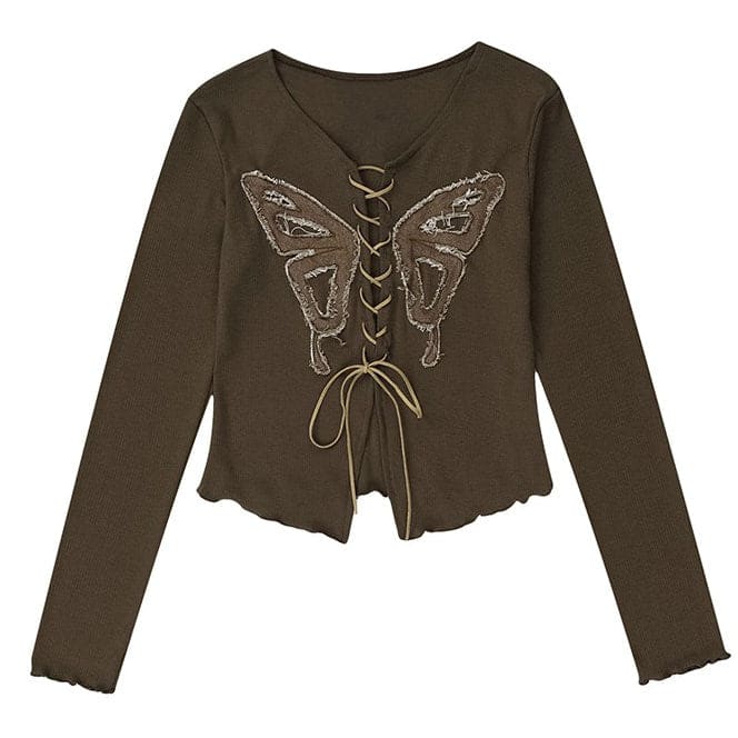 Brown Lace Butterfly Top - S / Brown - Tops
