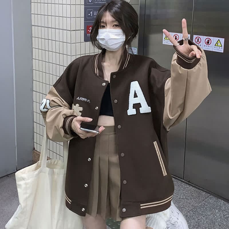 Brown Letter Baseball Jacket Pleated Skirt Set