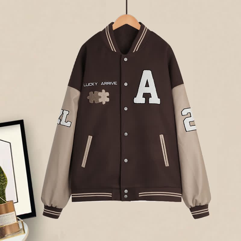 Brown Letter Baseball Jacket Pleated Skirt Set - Jacket / M