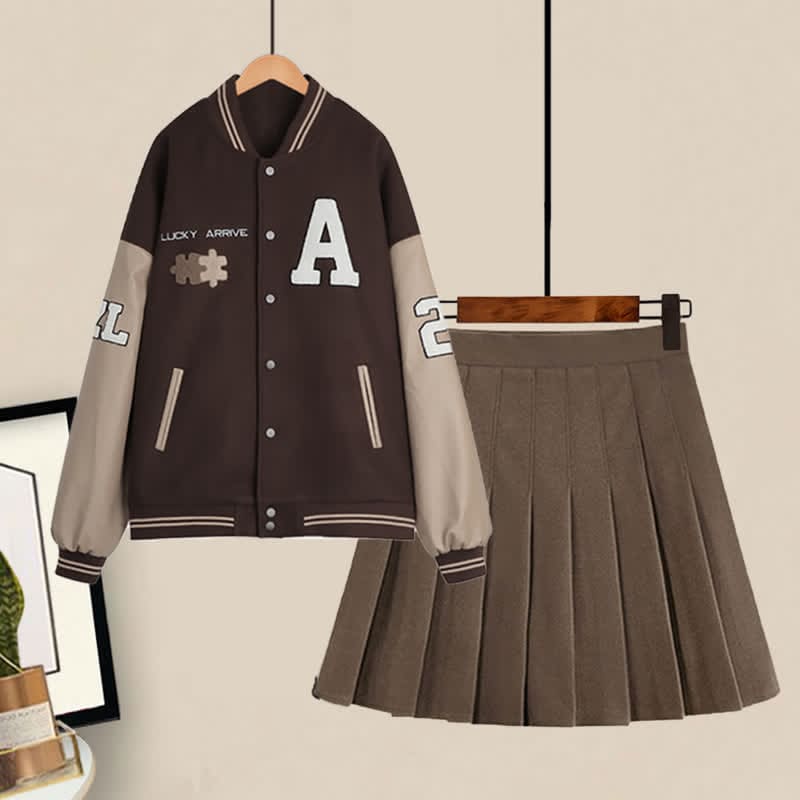 Brown Letter Baseball Jacket Pleated Skirt Set - Set / M