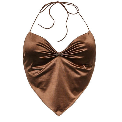 Brown Satin Scarf Top - Tops