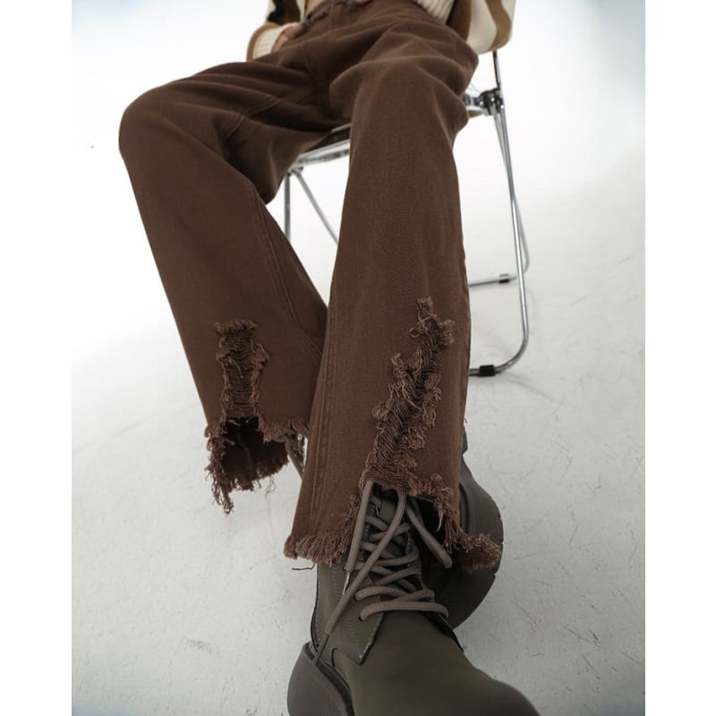 Brown Straight Leg Distressed Jeans - Jeans