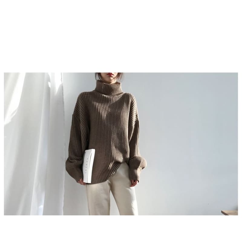 Bubble-Sleeve High-Neck Ribbed Sweater