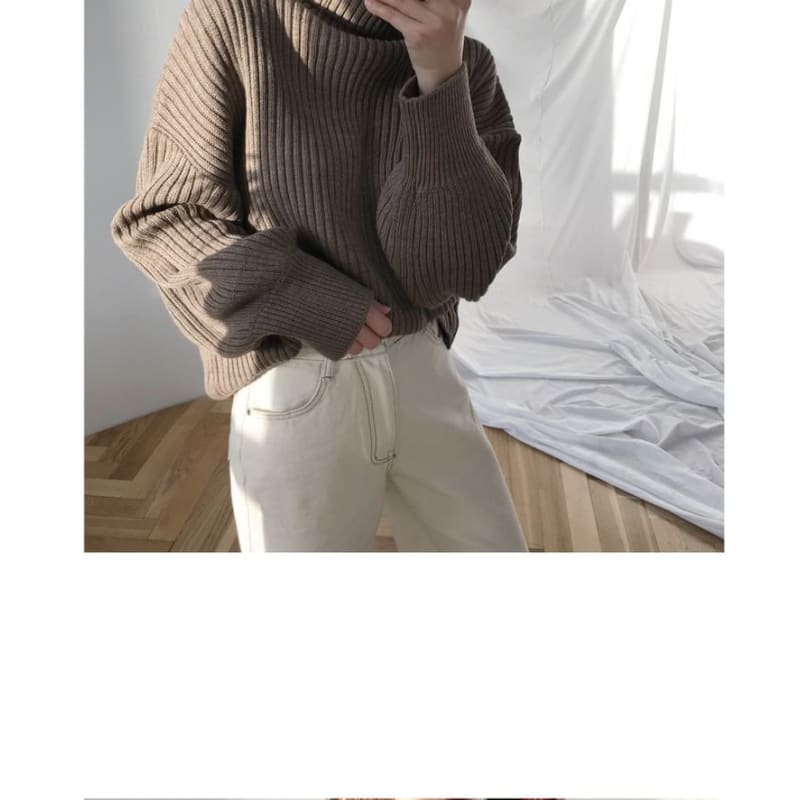 Bubble-Sleeve High-Neck Ribbed Sweater