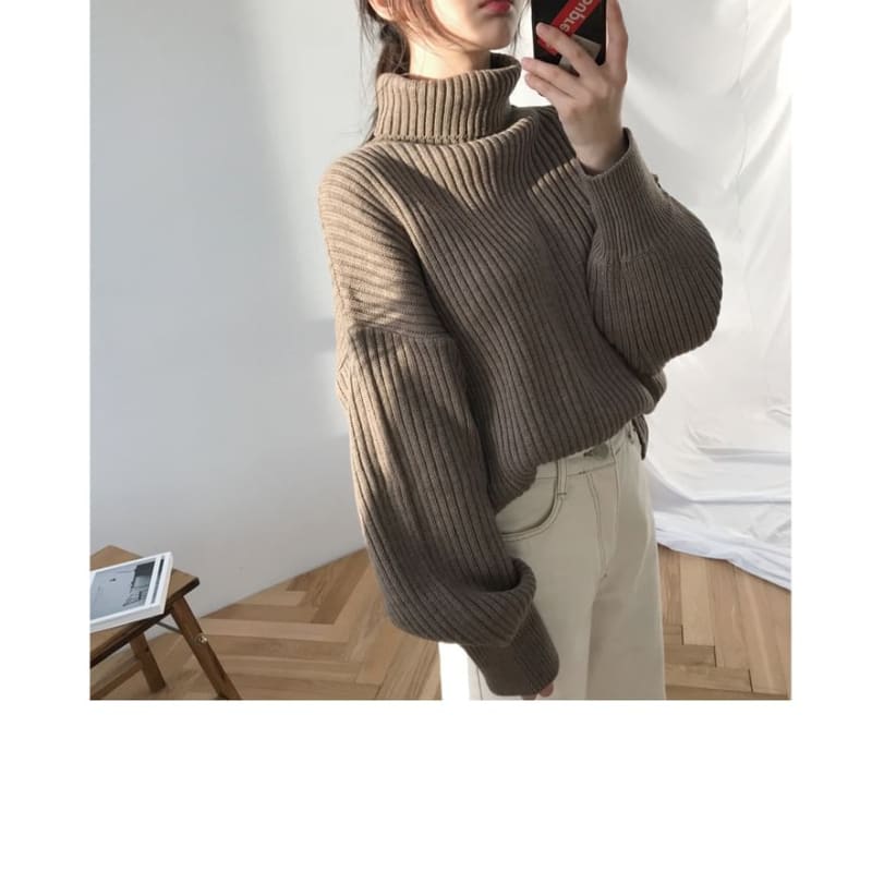 Bubble-Sleeve High-Neck Ribbed Sweater