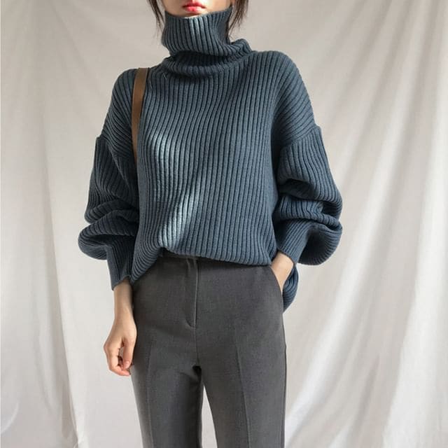 Bubble-Sleeve High-Neck Ribbed Sweater - Navy Blue