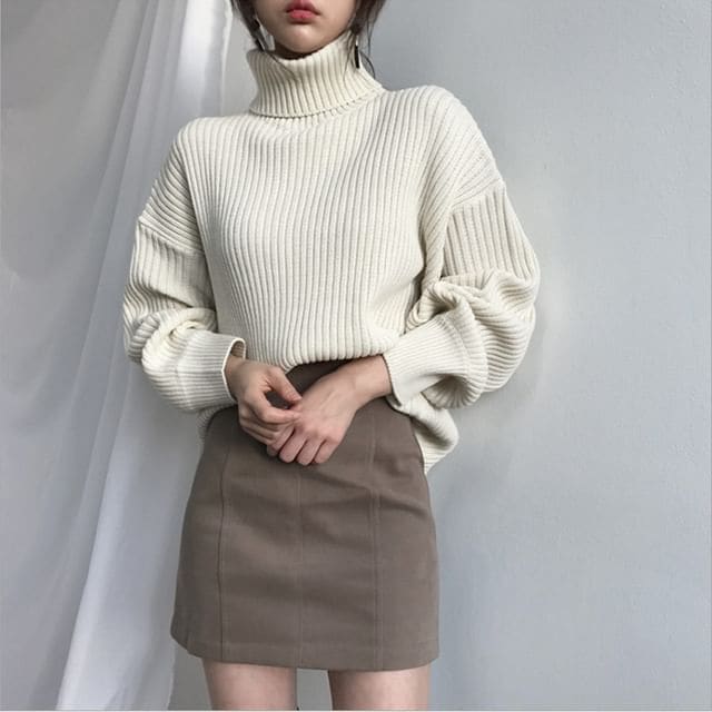 Bubble-Sleeve High-Neck Ribbed Sweater - Off White