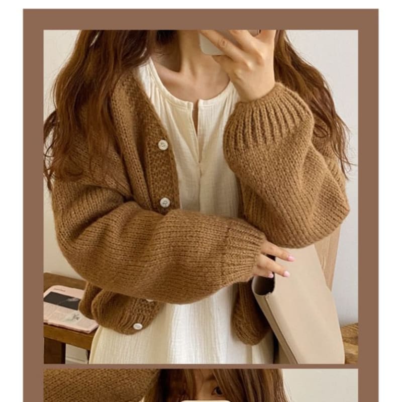 Bubble-Sleeve V-Neck Cardigan