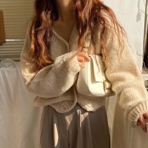 Bubble-Sleeve V-Neck Cardigan - Almond / One Size