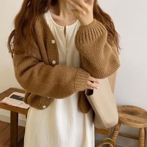 Bubble-Sleeve V-Neck Cardigan - Coffee / One Size