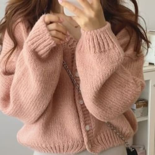 Bubble-Sleeve V-Neck Cardigan - Mauve / One Size