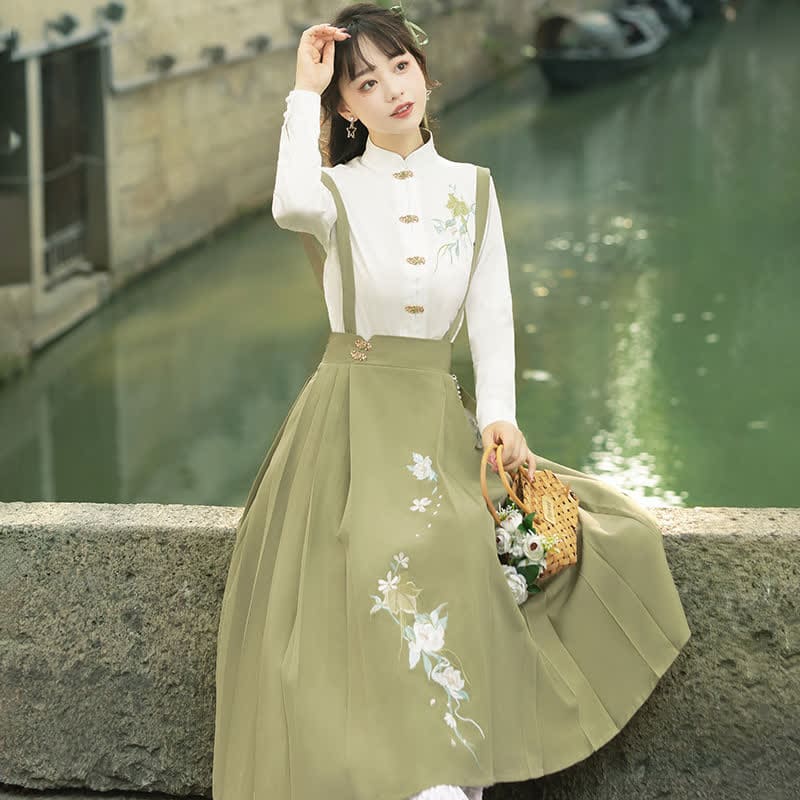 Buckle Floral Embroidery Green Dress Set