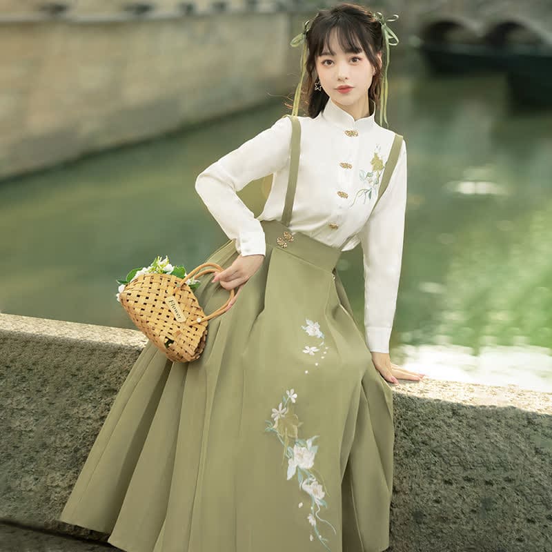 Buckle Floral Embroidery Green Dress Set