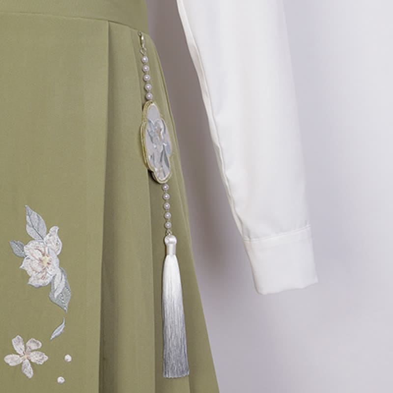 Buckle Floral Embroidery Green Dress Set