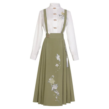 Buckle Floral Embroidery Green Dress Set - Green / M