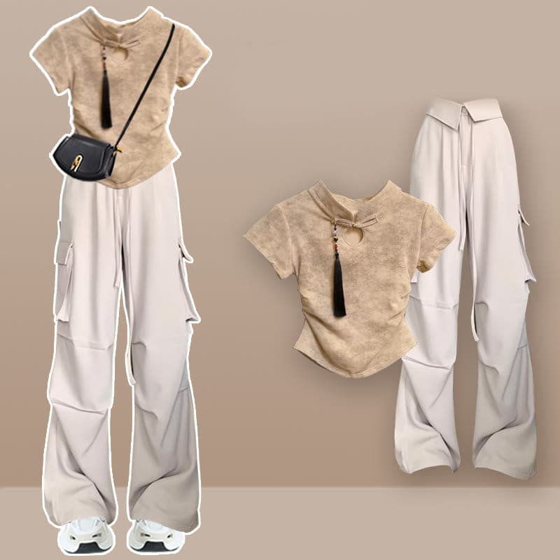 Buckle Tassels T-Shirt Cargo Pants - Set D / M