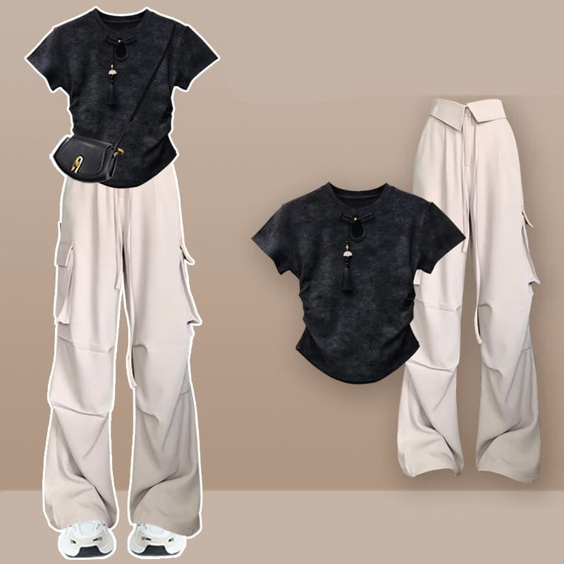 Buckle Tassels T-Shirt Cargo Pants - Set F / M