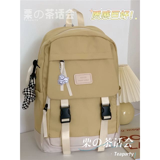 Buckle Waterproof Backpack - With Knotted Charm - Yellow