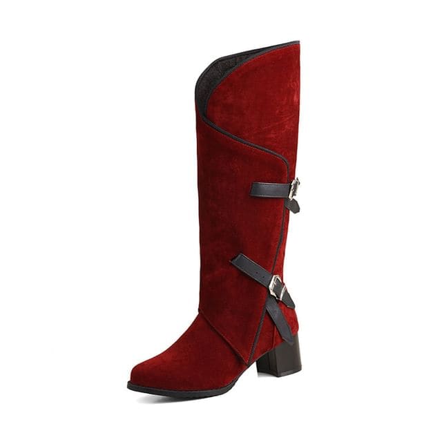 Buckled Asymmetrical Chunky Heel Tall Boots - Red / 34