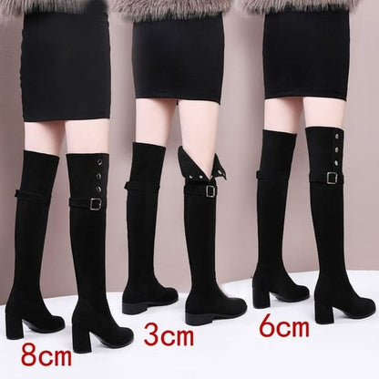 Buckled Chunky Heel Over-The-Knee Boots - 3cm Heel