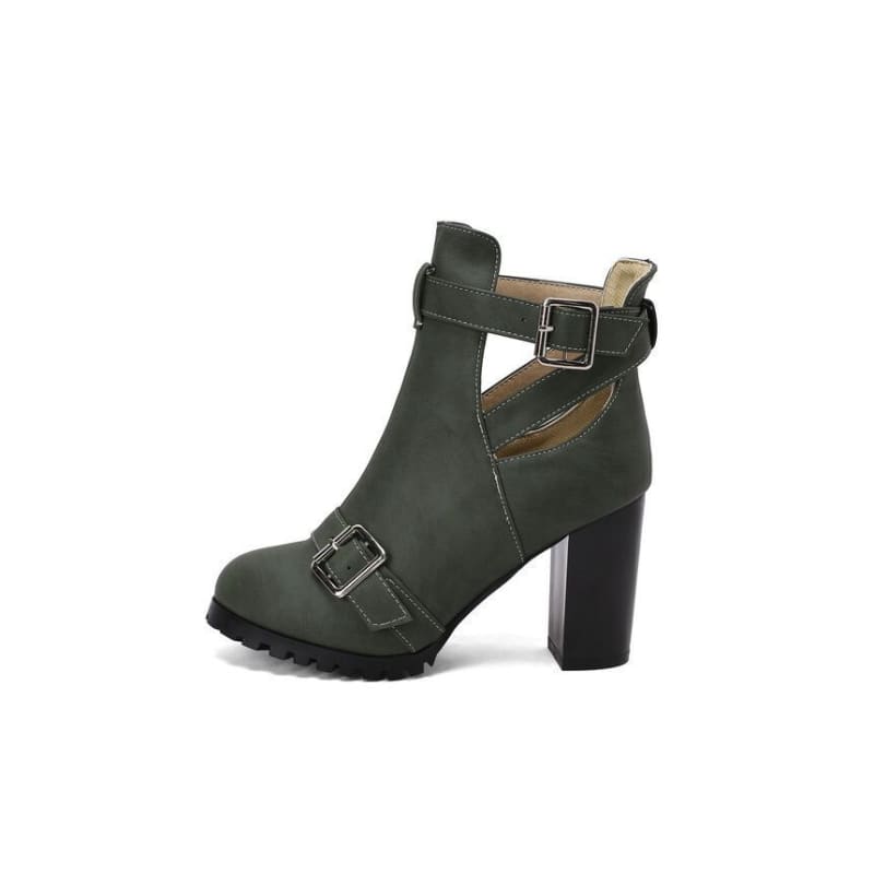 Buckled Cutout Chunky Heel Ankle Boots