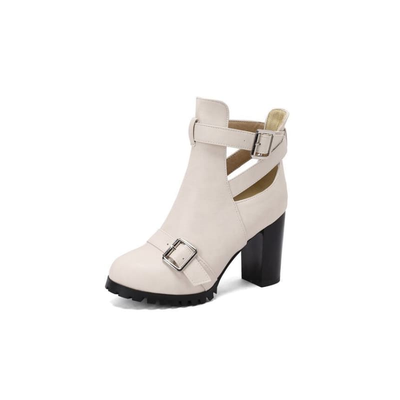 Buckled Cutout Chunky Heel Ankle Boots