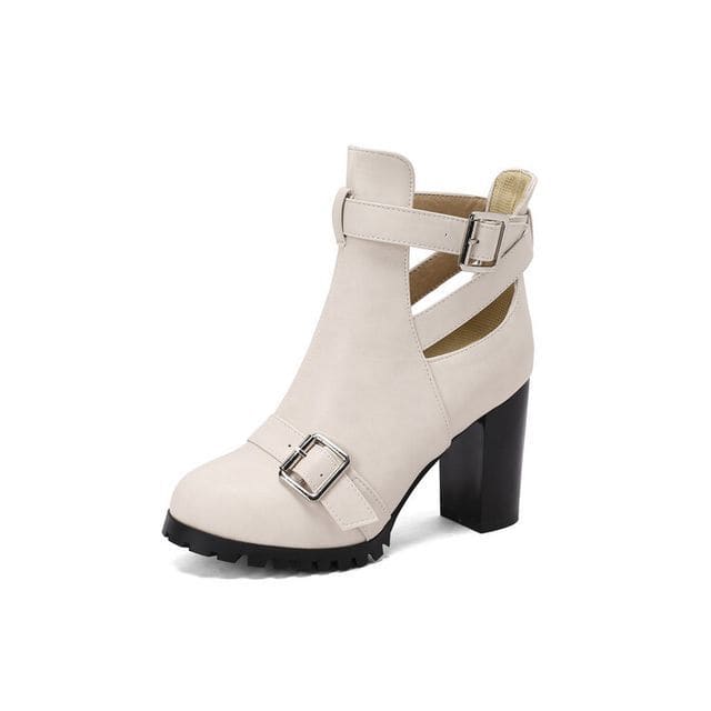 Buckled Cutout Chunky Heel Ankle Boots - Off-White / 35