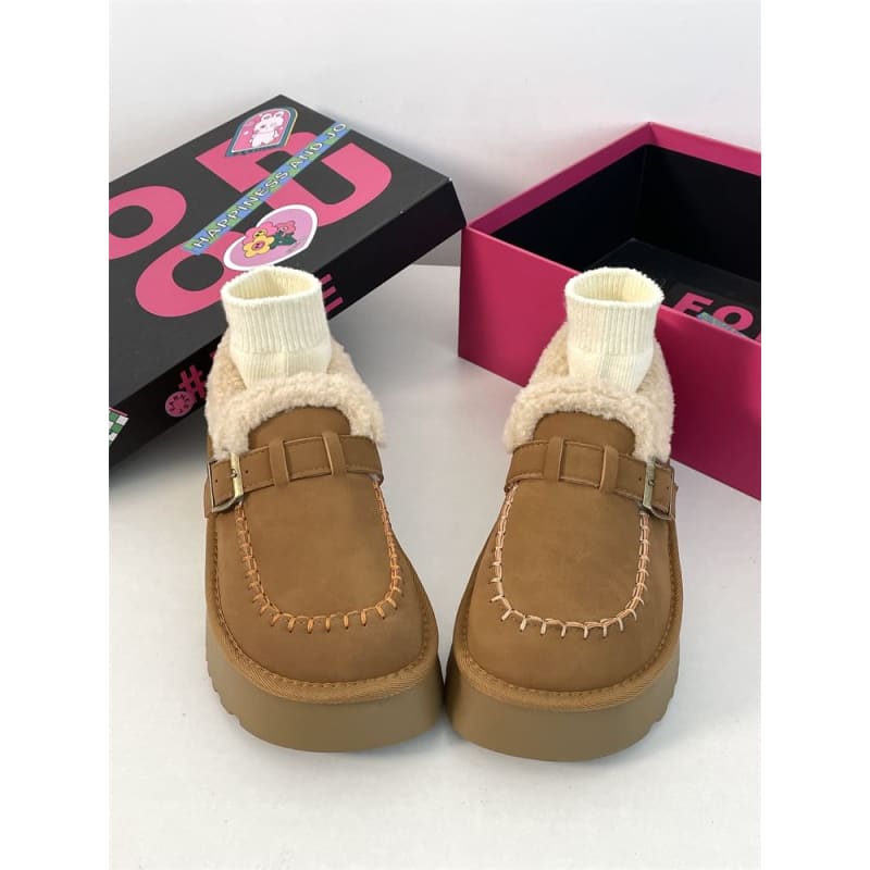 Buckled Fluffy Trim Platform Loafers