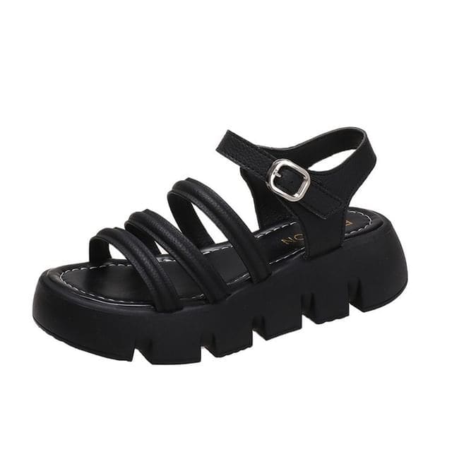 Buckled Platform Sandals - Black / 35