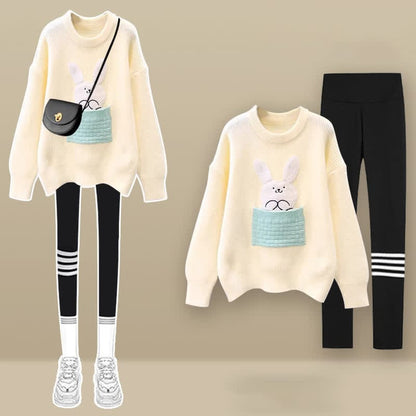 Bunny Embroidery Knit Sweater Plush Pants Set - Set A / M