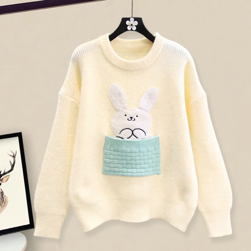 Bunny Embroidery Knit Sweater Plush Pants Set - Apricot