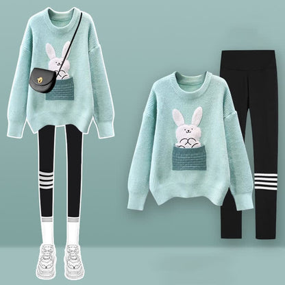 Bunny Embroidery Knit Sweater Plush Pants Set - Set B / M