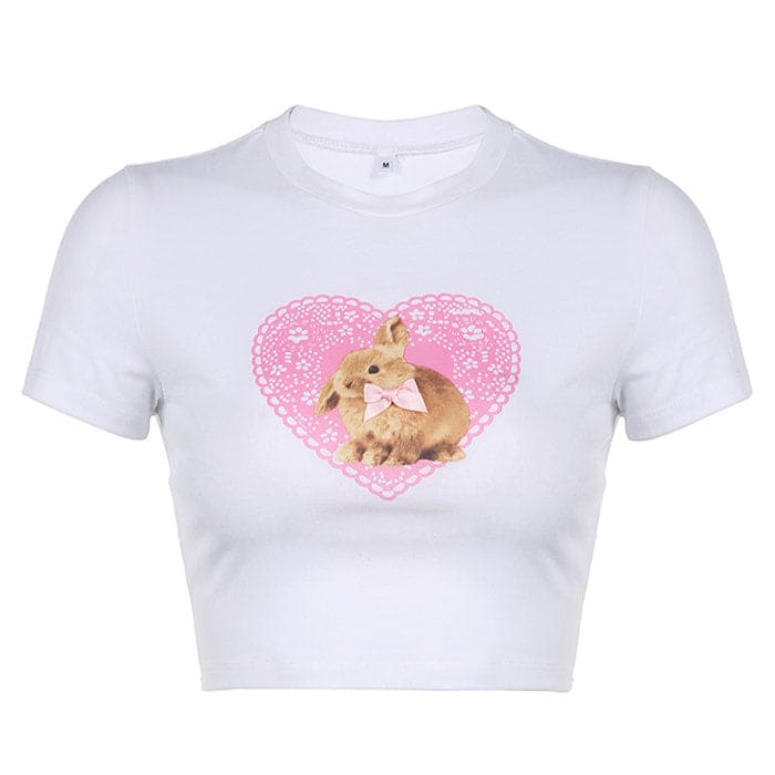 Bunny Heart Crop Top - S / White/pink - Tops