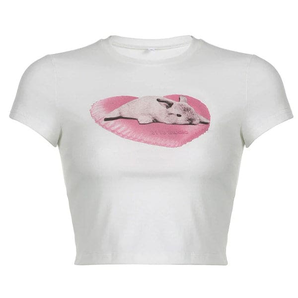 Bunny Heart Short Tee - S / White/pink - Tops