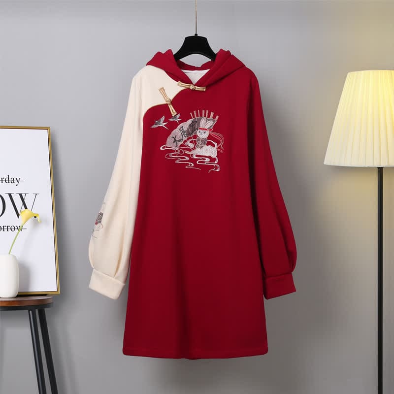 Bunny Red Colorblock Plush Hooded Sweatshirt Dress - Red / M