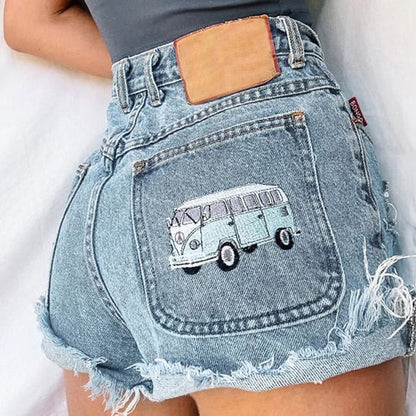 Bus Denim Embroidery Shorts - Shorts