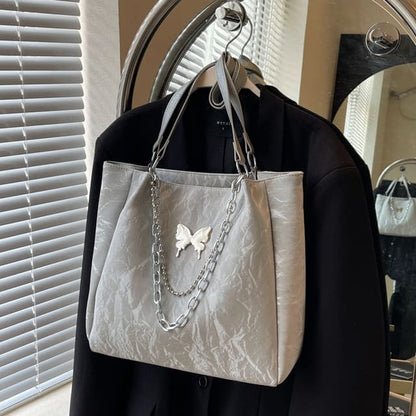 Butterfly Accent Chained Faux Leather Tote Bag - Silver