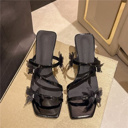 Butterfly Detail Strappy Chunky Heel Slide Sandals - Black