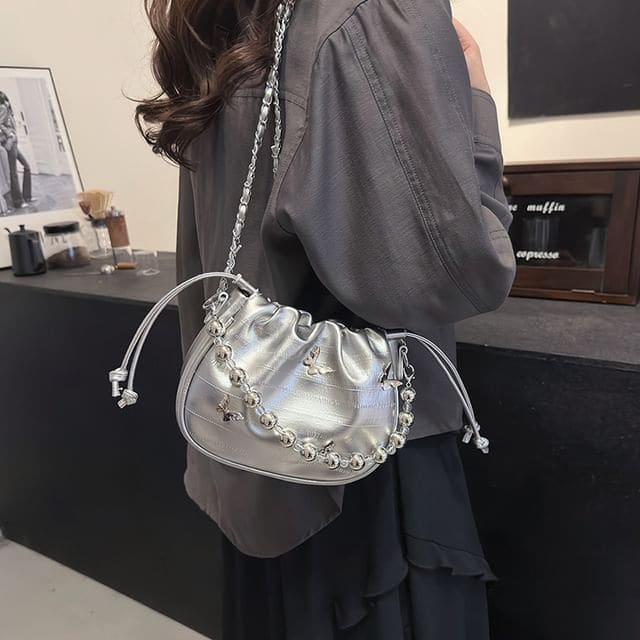 Butterfly Drawstring Chain Crossbody Bag - Silver / One Size