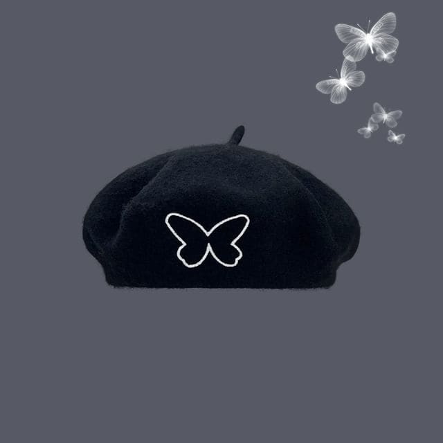 Butterfly Embroidered Beret - Black / One Size