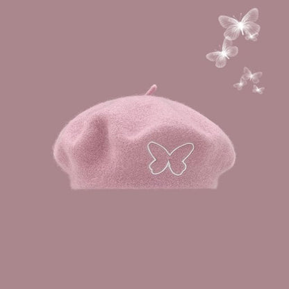 Butterfly Embroidered Beret - Pink / One Size