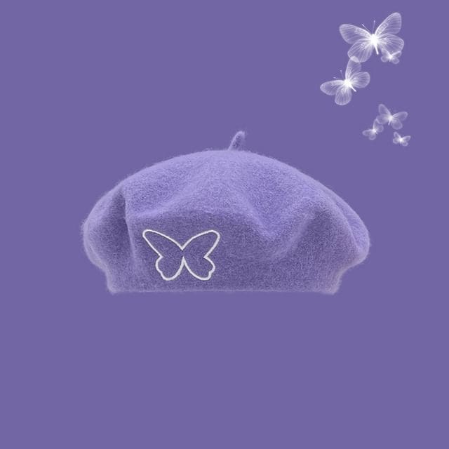 Butterfly Embroidered Beret - Purple / One Size