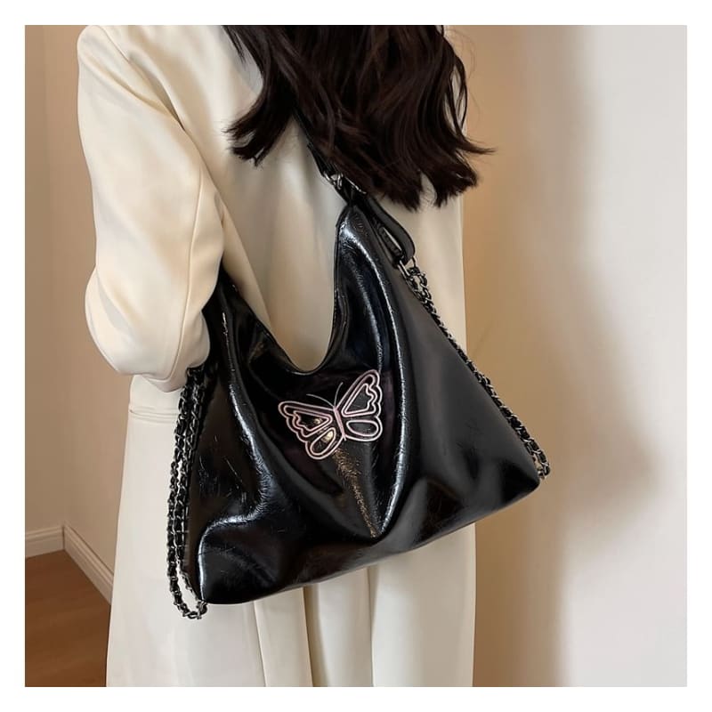 Butterfly Embroidered Faux Leather Crossbody Bag