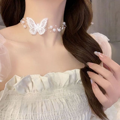 Butterfly Embroidered Necklace / Choker - HN1345-7 - White