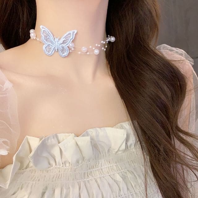 Butterfly Embroidered Necklace / Choker - HN1347-9 - White