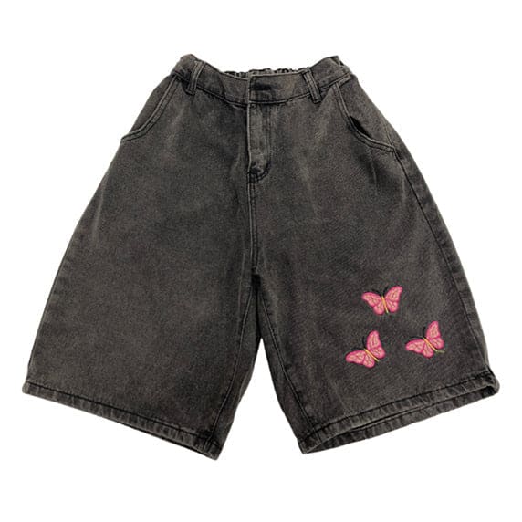 Butterfly Embroidery Denim Shorts - Shorts