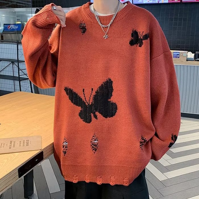 Butterfly Embroidery Sweater - M / Red - Sweater