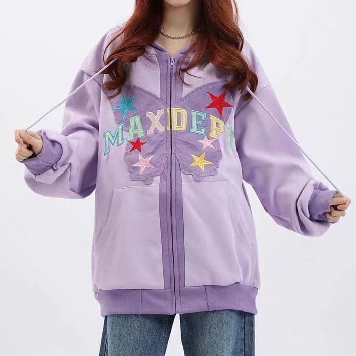 Butterfly Embroidery Zip Up Hoodie - Hoodie