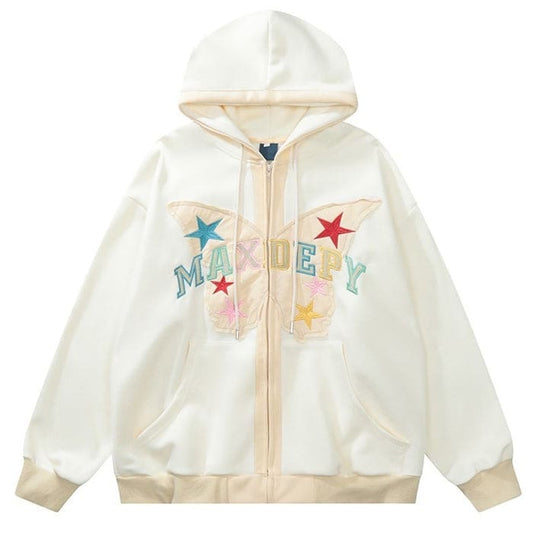 Butterfly Embroidery Zip Up Hoodie - M / Beige - Hoodie