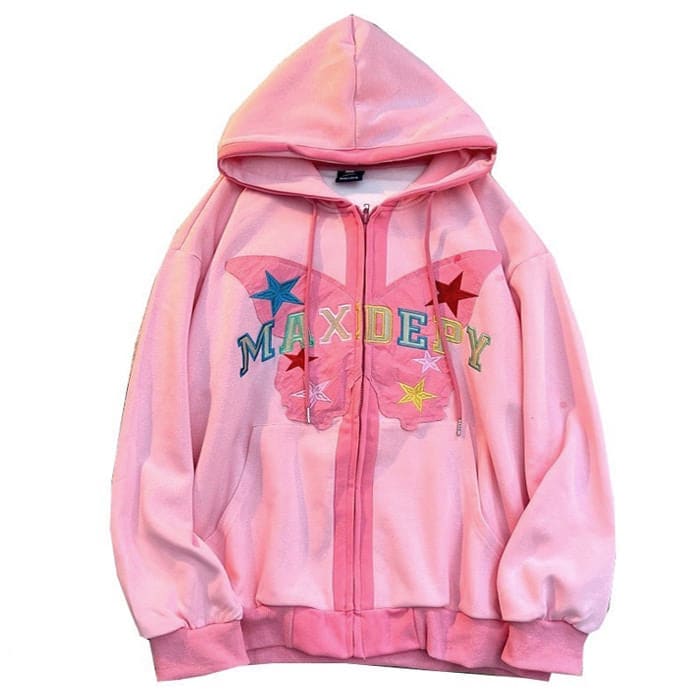 Butterfly Embroidery Zip Up Hoodie - M / Pink - Hoodie